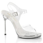 Durchsichtige 11 cm hohe High Heels Riemchen Sandalette CHIC-08 mit silberfarbenem Metallabsatz und kleinem 1 cm Plateau, sowie heller Lederinnensohle aus der Kollektion Fabulicious von Pleaser USA.