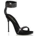 11 cm hohe High Heels Sandalette CHIC-40 in schwarz Leder mit strassbesetzten Riemchen, schwarzem Metallabsatz und kleinem 1 cm Plateau, sowie weicher Lederinnensohle.