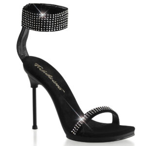 11 cm hohe High Heels Sandalette CHIC-40 in schwarz Leder mit strassbesetzten Riemchen, schwarzem Metallabsatz und kleinem 1 cm Plateau, sowie weicher Lederinnensohle.