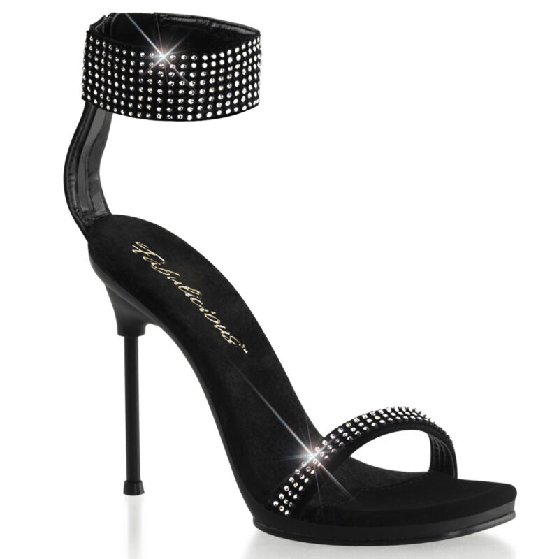 11 cm hohe High Heels Sandalette CHIC-40 in schwarz Leder mit strassbesetzten Riemchen, schwarzem Metallabsatz und kleinem 1 cm Plateau, sowie weicher Lederinnensohle.