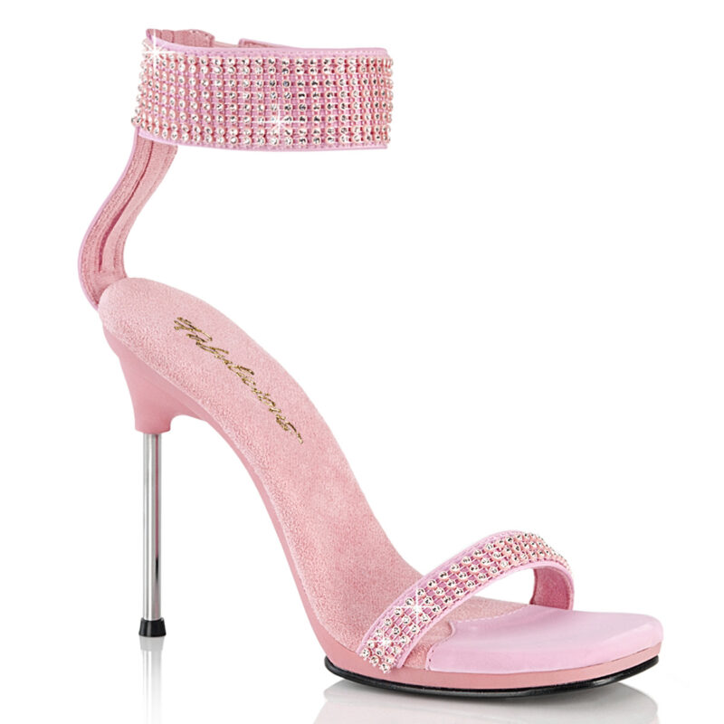 11 cm hohe High Heels Sandalette CHIC-40 in baby pink PU mit strassbesetzten Riemchen, silbernem Metallabsatz und kleinem 1 cm Plateau, sowie weicher Innensohle.