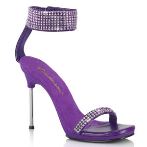 11 cm hohe High Heels Sandalette CHIC-40 in lila PU mit strassbesetzten Riemchen, silbernem Metallabsatz und kleinem 1 cm Plateau, sowie weicher Innensohle.