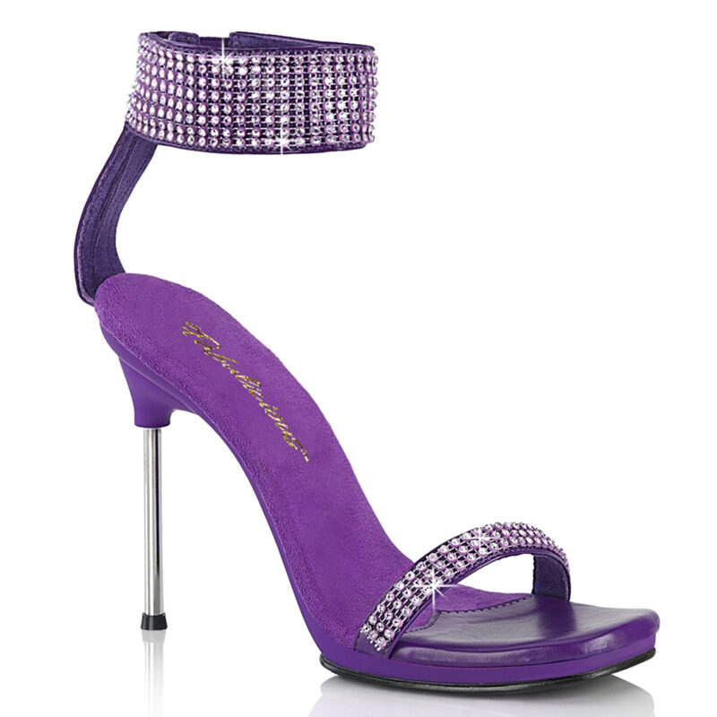 11 cm hohe High Heels Sandalette CHIC-40 in lila PU mit strassbesetzten Riemchen, silbernem Metallabsatz und kleinem 1 cm Plateau, sowie weicher Innensohle.