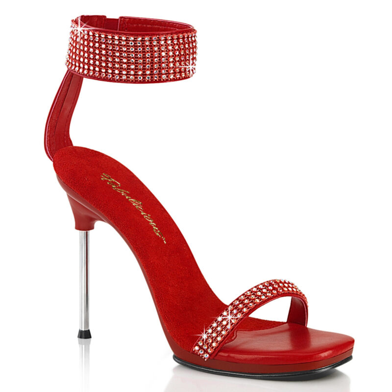 11 cm hohe High Heels Sandalette CHIC-40 in rot PU mit strassbesetzten Riemchen, silbernem Metallabsatz und kleinem 1 cm Plateau, sowie weicher Innensohle.