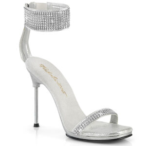 11 cm hohe High Heels Sandalette CHIC-40 in silber PU mit strassbesetzten Riemchen, silbernem Metallabsatz und kleinem 1 cm Plateau, sowie weicher Innensohle.