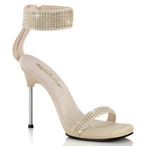 11 cm hohe High Heels Sandalette CHIC-40 in beige PU mit strassbesetzten Riemchen, silbernem Metallabsatz und kleinem 1 cm Plateau, sowie weicher Innensohle.