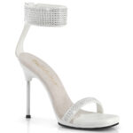 11 cm hohe High Heels Sandalette CHIC-40 in weiß PU mit strassbesetzten Riemchen, silbernem Metallabsatz und kleinem 1 cm Plateau, sowie weicher Innensohle.