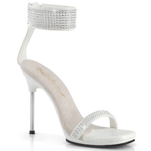 11 cm hohe High Heels Sandalette CHIC-40 in weiß PU mit strassbesetzten Riemchen, silbernem Metallabsatz und kleinem 1 cm Plateau, sowie weicher Innensohle.