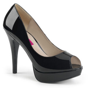 Peep Toe High Heel Pumps in schwarz Lack mit 3 cm hohem, verdecktem Plateau und 13,5 cm Absatz von Pleaser USA.