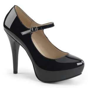 Mary Jane High Heel Pumps in schwarz Lack mit 3 cm hohem, verdecktem Plateau und 13,5 cm Absatz von Pleaser USA.