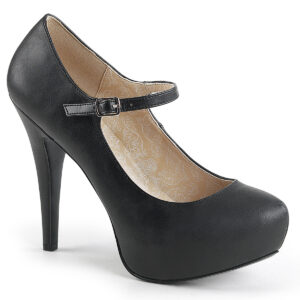 Mary Jane High Heel Pumps in schwarz Kunstleder mit 3 cm hohem, verdecktem Plateau und 13,5 cm Absatz von Pleaser USA.