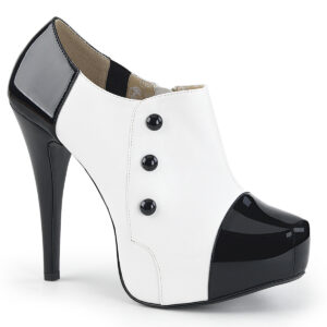 Zweifarbiger High Heel Bootie in schwarz-weiß Lack mit 3 cm hohem, verdecktem Plateau und 13,5 cm Absatz von Pleaser USA.