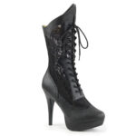 Plateau Stiefelette in schwarz PU mit Spitze kombiniert, 3 cm Plateau und 13,5 cm Absatz von Pleaser USA.