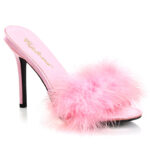 High Heel Pantolette in baby pink Kunstleder mit Marabufedern von Pleaser mit 10 cm hohem Absatz.