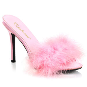 High Heel Pantolette in baby pink Kunstleder mit Marabufedern von Pleaser mit 10 cm hohem Absatz.