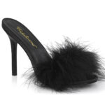 High Heel Pantolette in schwarz Kunstleder mit Marabufedern von Pleaser mit 10 cm hohem Absatz.