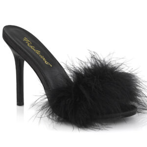 High Heel Pantolette in schwarz Kunstleder mit Marabufedern von Pleaser mit 10 cm hohem Absatz.