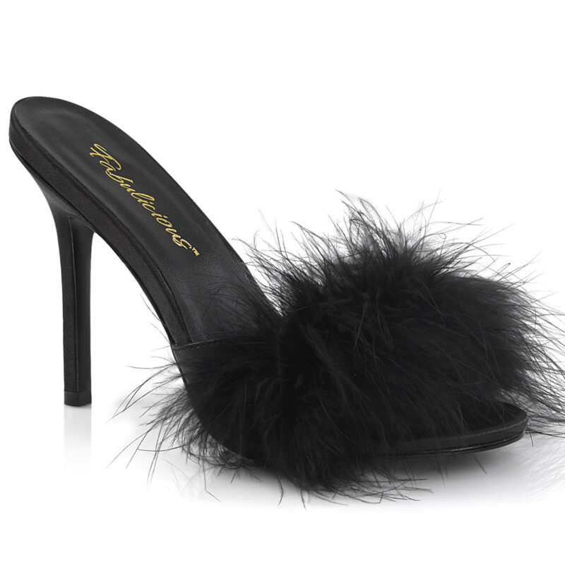 High Heel Pantolette in schwarz Kunstleder mit Marabufedern von Pleaser mit 10 cm hohem Absatz.