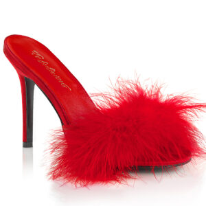 High Heel Pantolette in rot Kunstleder mit Marabufedern von Pleaser mit 10 cm hohem Absatz.