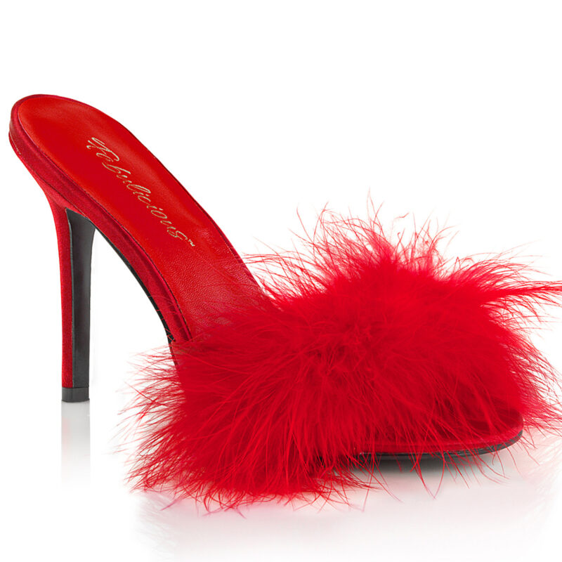High Heel Pantolette in rot Kunstleder mit Marabufedern von Pleaser mit 10 cm hohem Absatz.