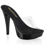 Durchsichtige High Heel Mini Plateau Pantolette Cocktail-501 mit schwarzem Plateau und weichgepolsterter Innensohle, 12,5 cm Absatz, 3 cm Plateau.