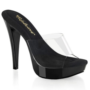 Durchsichtige High Heel Mini Plateau Pantolette Cocktail-501 mit schwarzem Plateau und weichgepolsterter Innensohle, 12,5 cm Absatz, 3 cm Plateau.