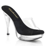 Durchsichtige High Heel Mini Plateau Pantolette Cocktail-501 mit klarem Plateau und weichgepolsterter schwarzer Innensohle, 12,5 cm Absatz, 3 cm Plateau.