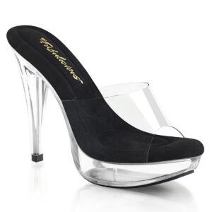 Durchsichtige High Heel Mini Plateau Pantolette Cocktail-501 mit klarem Plateau und weichgepolsterter schwarzer Innensohle, 12,5 cm Absatz, 3 cm Plateau.