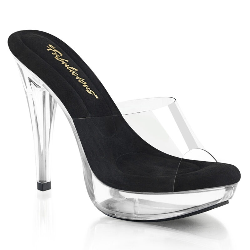 Durchsichtige High Heel Mini Plateau Pantolette Cocktail-501 mit klarem Plateau und weichgepolsterter schwarzer Innensohle, 12,5 cm Absatz, 3 cm Plateau.