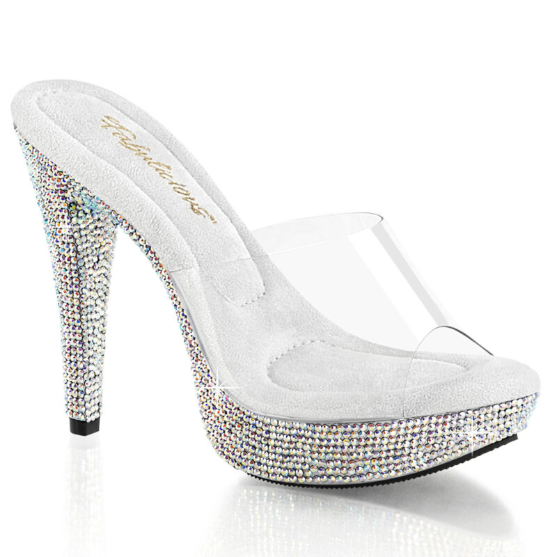 Durchsichtige High Heel Mini Plateau Pantolette Cocktail-501 mit strassbesetztem Plateau und weichgepolsterter heller Innensohle, 12,5 cm Absatz, 3 cm Plateau.