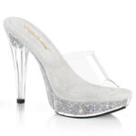 Durchsichtige High Heel Mini Plateau Pantolette Cocktail-501 mit strassbesetztem Plateau und weichgepolsterter heller Innensohle, 12,5 cm Absatz, 3 cm Plateau.