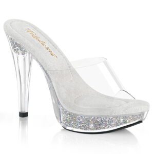 Durchsichtige High Heel Mini Plateau Pantolette Cocktail-501 mit strassbesetztem Plateau und weichgepolsterter heller Innensohle, 12,5 cm Absatz, 3 cm Plateau.
