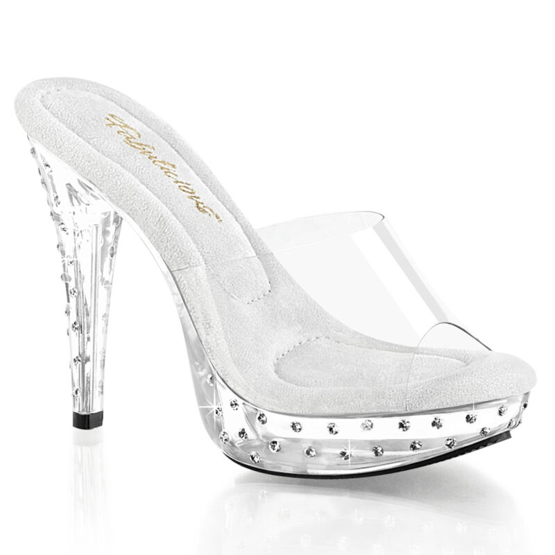 Durchsichtige High Heel Mini Plateau Pantolette Cocktail-501SDT mit strassbesetztem 3 cm Plateau und 12,5 cm Absatz, sowie weichgepolsterter Innensohle.