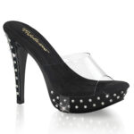 Durchsichtige High Heel Mini Plateau Pantolette Cocktail-501SDT mit strassbesetztem schwarzem 3 cm Plateau und 12,5 cm Absatz, sowie weichgepolsterter Innensohle.