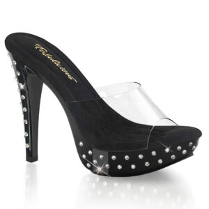 Durchsichtige High Heel Mini Plateau Pantolette Cocktail-501SDT mit strassbesetztem schwarzem 3 cm Plateau und 12,5 cm Absatz, sowie weichgepolsterter Innensohle.