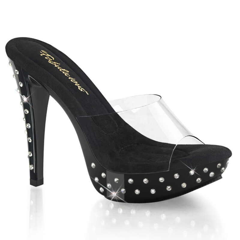 Durchsichtige High Heel Mini Plateau Pantolette Cocktail-501SDT mit strassbesetztem schwarzem 3 cm Plateau und 12,5 cm Absatz, sowie weichgepolsterter Innensohle.