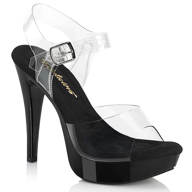 Durchsichtige Riemchensandalette mit schwarzem Mini Plateau COCKTAIL-508, weichgepolsterte schwarze Innensohle, 12,5 cm Absatz, 3 cm Plateau.