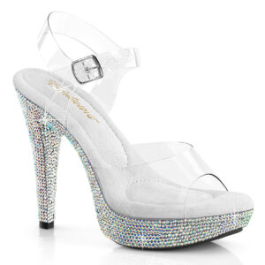 Durchsichtige High Heel Mini Plateau Sandalette Cocktail-508DM mit strassbesetztem Plateau und weichgepolsterter heller Innensohle, 12,5 cm Absatz, 3 cm Plateau.