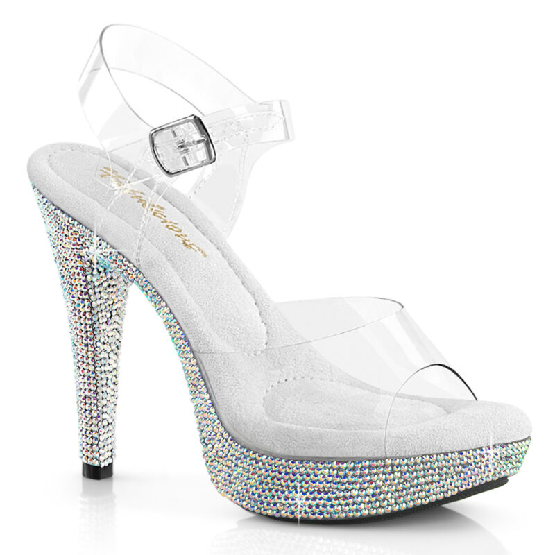 Durchsichtige High Heel Mini Plateau Sandalette Cocktail-508DM mit strassbesetztem Plateau und weichgepolsterter heller Innensohle, 12,5 cm Absatz, 3 cm Plateau.
