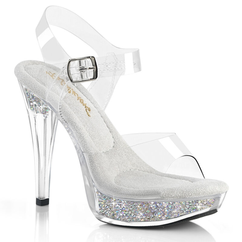 Durchsichtige High Heel Mini Plateau Sandalette Cocktail-508RSI mit strassbesetztem Plateau und weichgepolsterter heller Innensohle, 12,5 cm Absatz, 3 cm Plateau.