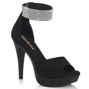 Mini Plateau Sandalette mit breitem strassbesetzten Fesselriemchen in schwarz Velour COCKTAIL-525, mit weichgepolsterter schwarzer Innensohle, 12,5 cm Absatz, 3 cm Plateau.