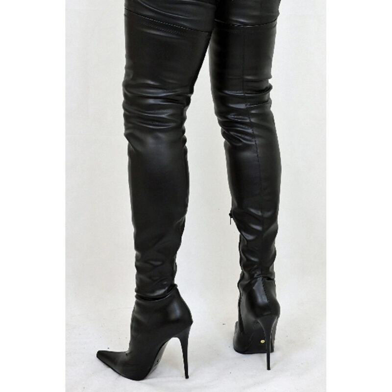 Overknee Stiefel von Miceli - Made in Italy mit 12-14 cm hohem Stiletto-Absatz in schwarz Stretchkunstleder.