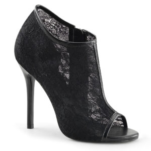 Open Toe High Heel Bootie in schwarzer Spitze mit 12,5 cm Absatz und Reißverschluss aus der Kollektion Fabulicious von Pleaser USA.
