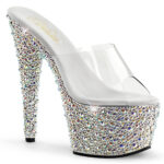 Durchsichtige High Heel Plateau Pantolette BEJEWELED-701MS mit unterschiedlich großen Strasssteinen besetztem 7 cm Plateau und 17,5 cm Absatz, sowie einer weichgepolsterten hellen Innensohle.