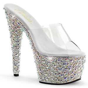 Durchsichtige High Heel Plateau Pantolette BEJEWELED-701MS mit unterschiedlich großen Strasssteinen besetztem 7 cm Plateau und 17,5 cm Absatz, sowie einer weichgepolsterten hellen Innensohle.