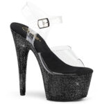 Durchsichtige High Heel Plateau Sandalette BEJEWELED-708DM mit schwarzen Strasssteinen besetztem 7 cm Plateau und 17,5 cm Absatz, sowie einer weichgepolsterten schwarzen Innensohle.