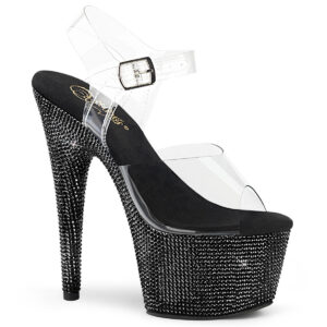 Durchsichtige High Heel Plateau Sandalette BEJEWELED-708DM mit schwarzen Strasssteinen besetztem 7 cm Plateau und 17,5 cm Absatz, sowie einer weichgepolsterten schwarzen Innensohle.