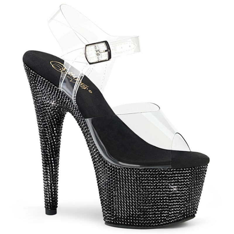 Durchsichtige High Heel Plateau Sandalette BEJEWELED-708DM mit schwarzen Strasssteinen besetztem 7 cm Plateau und 17,5 cm Absatz, sowie einer weichgepolsterten schwarzen Innensohle.
