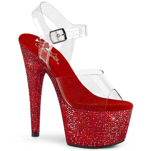 Durchsichtige High Heel Plateau Sandalette BEJEWELED-708DM mit roten Strasssteinen besetztem 7 cm Plateau und 17,5 cm Absatz, sowie einer weichgepolsterten roten Innensohle.