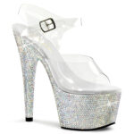 Durchsichtige High Heel Plateau Sandalette BEJEWELED-708DM mit silbernen Strasssteinen besetztem 7 cm Plateau und 17,5 cm Absatz, sowie einer weichgepolsterten hellen Innensohle.